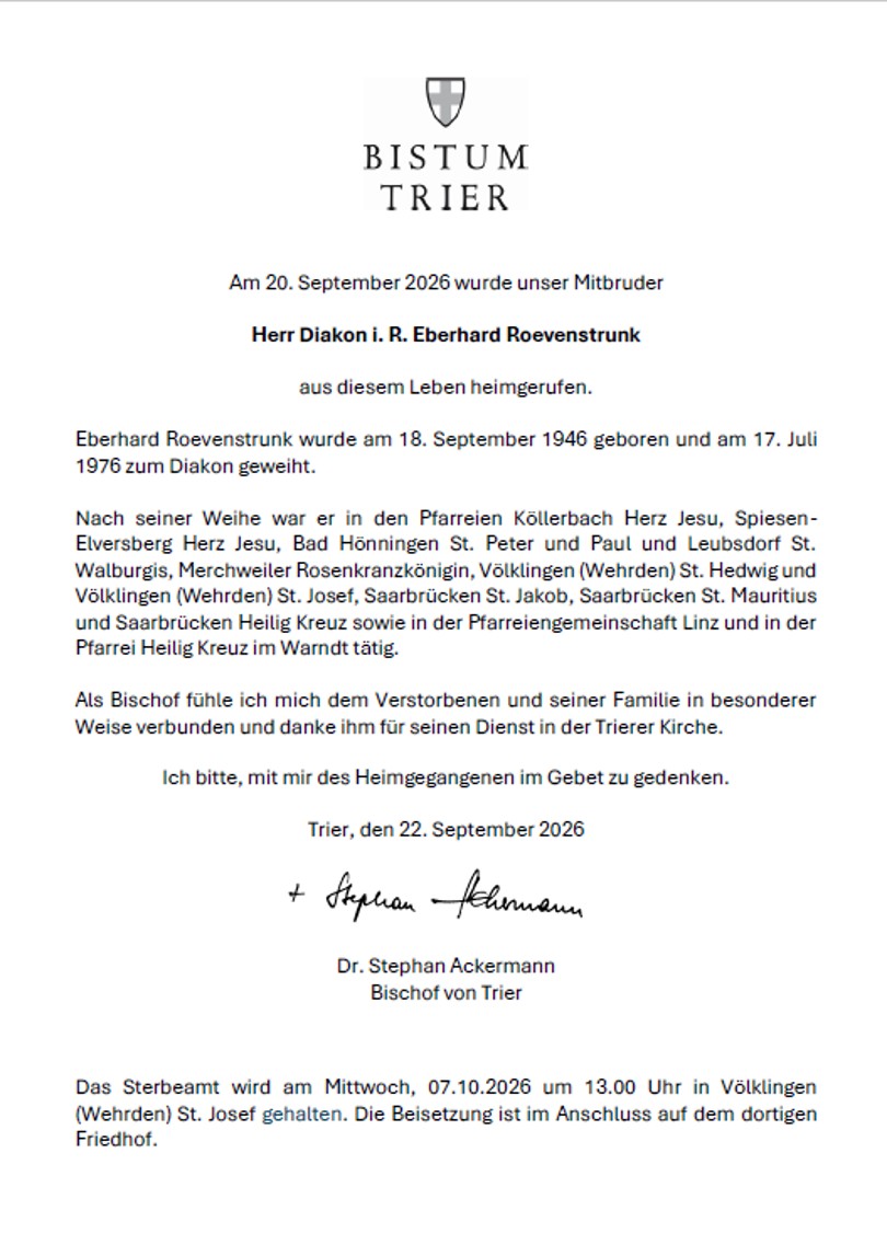 Sterbeanzeige Eberhard Roevenstrunk_Bistum Trier (c) Bistum Trier Sterbeanzeige Eberhard Roevenstrunk_Bistum Trier
